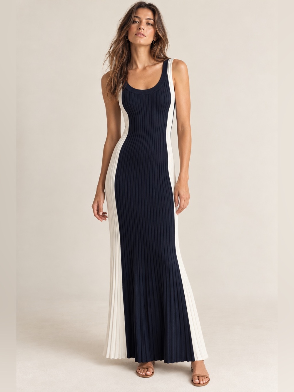 Zara Knit Navy & White Colorblock Ribbed Maxi Dress – Size Small